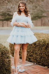 Blue Ruffled Short Homecoming Dress/Mini Dress With Feathers