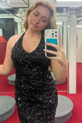 Sparkly Dark Green Halter Open Back Bodycon Homecoming Dress/Mini Dress With Sequins
