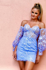 Sparkly Purple Strapless Tight Short Corset Homecoming Dress/Mini Dress With Detachable Sleeves