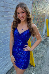Sparkly Royal Blue Sequined Criss-Cross Straps Tight Short Homecoming Dress/Mini Dress