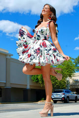 White A Line Ruffled Homecoming Dress/Mini Dress With Printed Flower