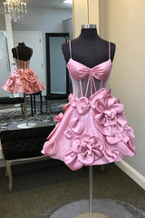 Pink Corset A Line Short Homecoming Dress/Mini Dress With 3D Flowers