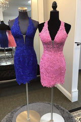 Sparkly Royal Blue Halter Bodycon Short Homecoming Dress/Mini Dress with Appliques