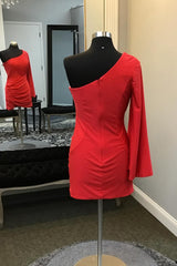 Red One Shoulder Long Sleeves Tight Short Homecoming Dress/Mini Dress