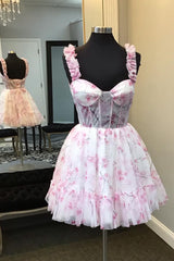 Blue Corset A Line Floral Printed Short Homecoming Dress/Mini Dress