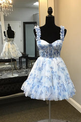 Blue Corset A Line Floral Printed Short Homecoming Dress/Mini Dress