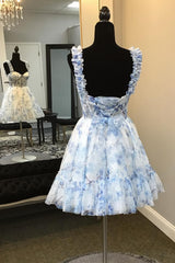 Blue Corset A Line Floral Printed Short Homecoming Dress/Mini Dress