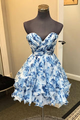Blue Sweetheart A Line Printed Tiered Homecoming Dress/Mini Dress