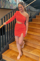 Red One Shoulder Bodycon Short Homecoming Dress/Mini Dress With Slit