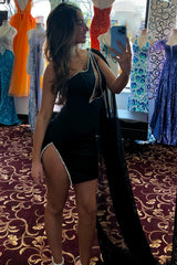 Sparkly Black One Shoulder Short Homecoming Dress/Mini Dress With Slit