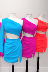 Red One Shoulder Bodycon Short Homecoming Dress/Mini Dress With Slit