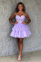 Glitter Lavender Corset Tiered Short A-Line Tulle Homecoming Dress/Mini Dress with Lace