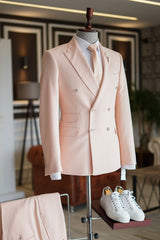 Casual Pink Peaked Lapel Reception Suit for Prom with Double-Breasted