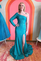 Long Sleeve One-Shoulder Sequined Mermaid Prom Dress with Slit