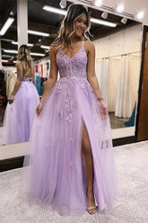 Lilac Long Prom Dress with Spaghetti Straps and Appliques in A-Line Style