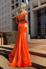 Sequined Blue Mermaid Prom Dress with Off-Shoulder Design