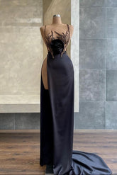 Black Spaghetti-Strap Beadings Sequins Evening Dress Mermaid With Slit
