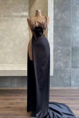 Black Spaghetti-Strap Beadings Sequins Evening Dress Mermaid With Slit