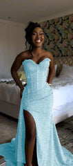 Sweetheart Sleeveless Long Mermaid Formal Dress With Split Sequin