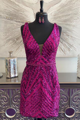Sparkly Fuchsia Sequined Backless Tight Short Homecoming Dress/Mini Dress