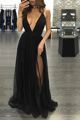 Prom Dress in Black Tulle with Deep V-Neck