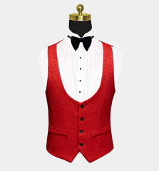 Red Floral Tuxedo Three-Piece Prince Suit for Groom with Black Lapel