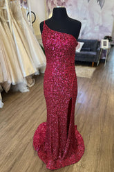 Burgundy Sequins Long Prom Dress with Mermaid Cut and One-Shoulder Split Front