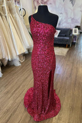 Burgundy Sequins Long Prom Dress with Mermaid Cut and One-Shoulder Split Front