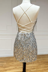 Sparkly Silver Sequin Fringed Tight Short Homecoming Dress/Mini Dress