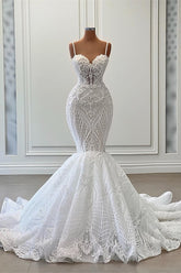 Charming Sweetheart Spaghetti Straps Sleeveless Mermaid Lace Wedding Dresses
