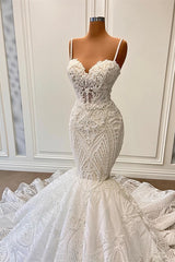 Charming Sweetheart Spaghetti Straps Sleeveless Mermaid Lace Wedding Dresses