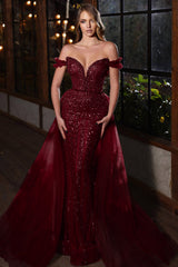 Off-The-Shoulder V-Neck Mermaid Sequins Evening Dress With Elegant Tulle Beadings