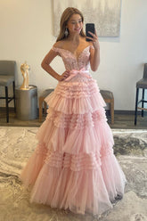 Light Pink Long A-Line Prom Dress with Ruffles and Off-the-Shoulder Princess Neckline