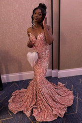 Long Pink Sequined Prom Dress with Sweetheart Mermaid Silhouette