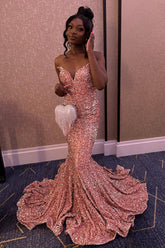 Long Pink Sequined Prom Dress with Sweetheart Mermaid Silhouette
