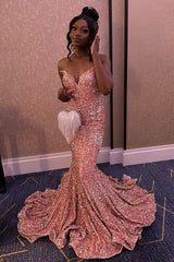 Pink Sequined Long Prom Dress with Mermaid Sweetheart Neckline