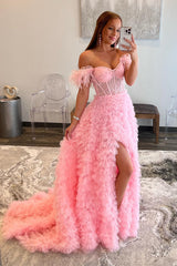 Purple Long A-Line Prom Dress with Feathers for Princess Off-the-Shoulder