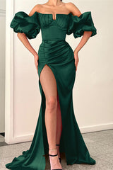Fuchsia Strapless Mermaid Off-The-Shoulder Puff Sleeves Evening Dress With Split