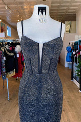 Black Long Prom Dress with Sparkly Mermaid Spaghetti Straps and Beading