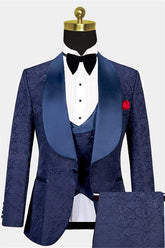 Navy Blue Jacquard Bespoke Three-Piece Tuxedo