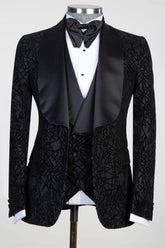 Newest Darren Black Three-Piece Shawl Lapel Jacquard Men's Suits