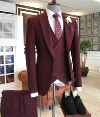 New Arrival Fashion Burgundy Peaked Lapel Three-Piece Groom Prom Suit