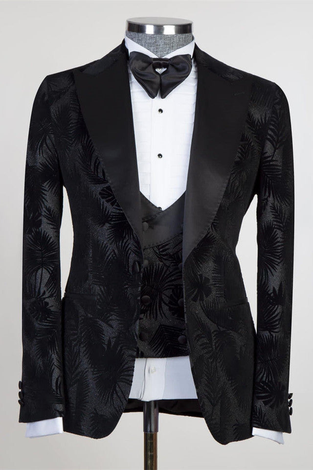 David Modern Black Peaked Lapel Jacquard Three-Piece Men's Suits