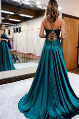 Long Green Prom Dress with Spaghetti Straps and Appliques in an A-Line Silhouette