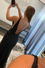 Black Deep V-Neck Mermaid Prom Dress Featuring an Open Back