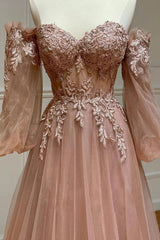 Blush Long Prom Dress with Appliques in an Off-the-Shoulder A-Line Design