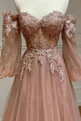 Blush A-Line Long Prom Dress with Off-the-Shoulder Neckline and Appliques