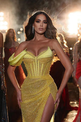 Yellow Sweetheart Sequins One Shoulder Mermaid Evening Dress With Slit