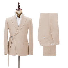 Handsome David Beckham Royal Champagne Wedding Suit with Buckle Button