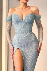 Blue Long Sleeves Off-The-Shoulder Sequins Evening Dress Sweetheart With Split Mermaid